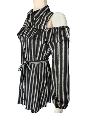 Y2K IZ Byer M Black White Striped Cold Shoulder Ruffle Shirt Dress Long Sleeve